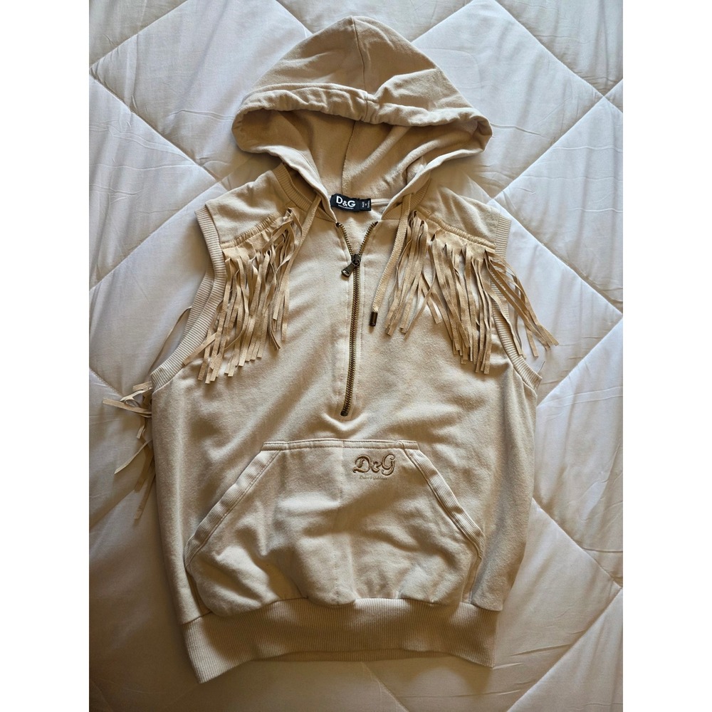 D&G Dolce & Gabbana Beige Sleeveless Hoodie Vest Leather Fringe Vest S SW0018